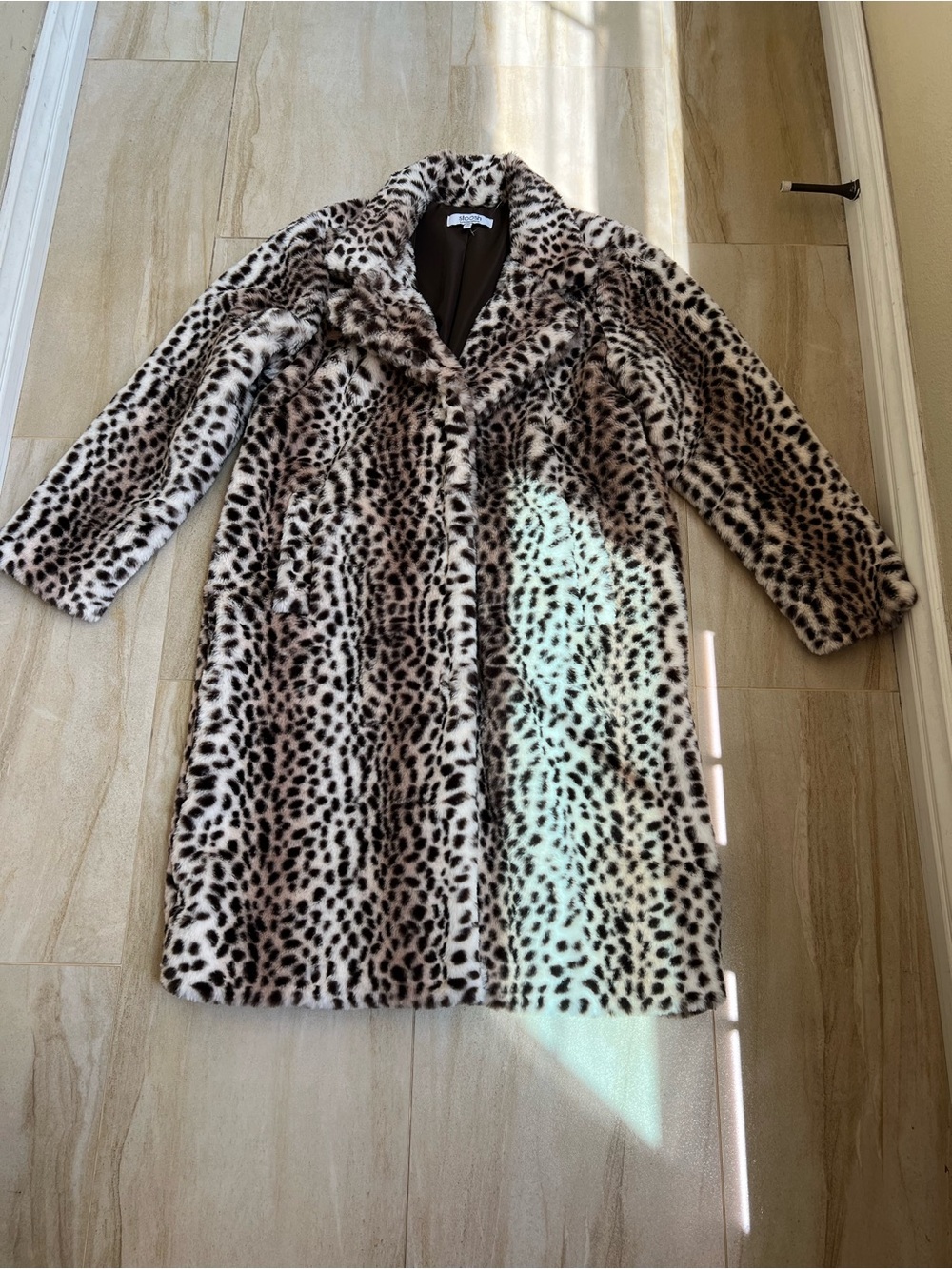Leopard Print Faux Fur Trench Coat in Cream and Brown